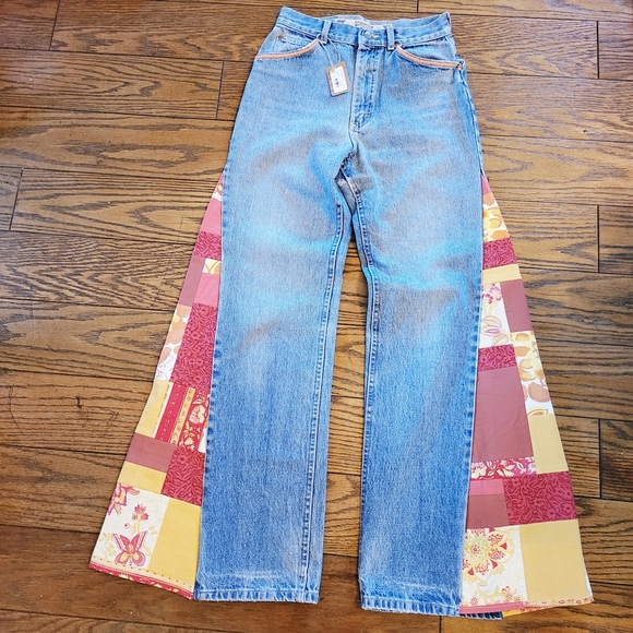 Upcycled Vintage Quilted Detail High Waisted Wide Leg Jeans